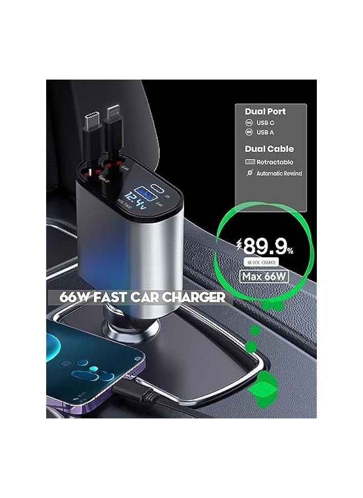 erorex 4-in-1 Car Charger with Dual Retractable Cable, Dual Port USB C PD Fast Charging Car Adapter Car Cigarette Lighter Adapter with Voltage Display Compatible with iPhone 14 13 Pro Max, iPad, Galaxy  - Image 4