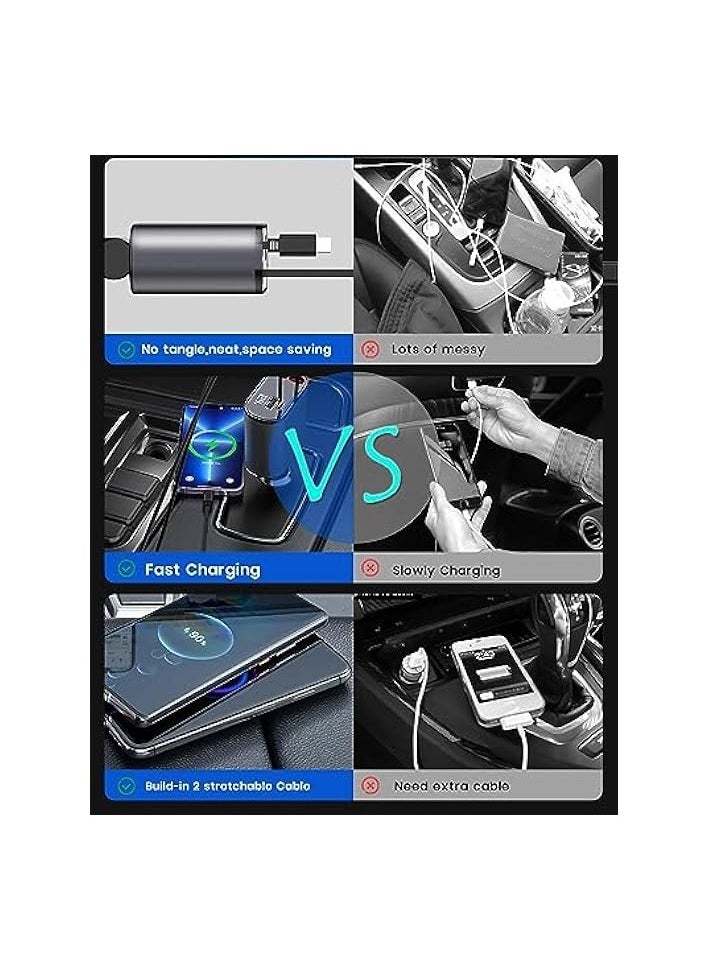 erorex 4-in-1 Car Charger with Dual Retractable Cable, Dual Port USB C PD Fast Charging Car Adapter Car Cigarette Lighter Adapter with Voltage Display Compatible with iPhone 14 13 Pro Max, iPad, Galaxy  - Image 5