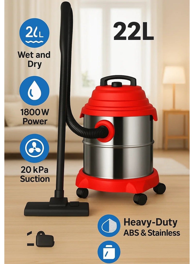 Denx 22L Wet and Dry Vacuum Cleaner – 1800W Power, 20kPa Suction, Heavy-Duty ABS & Stainless Steel Body - Image 2