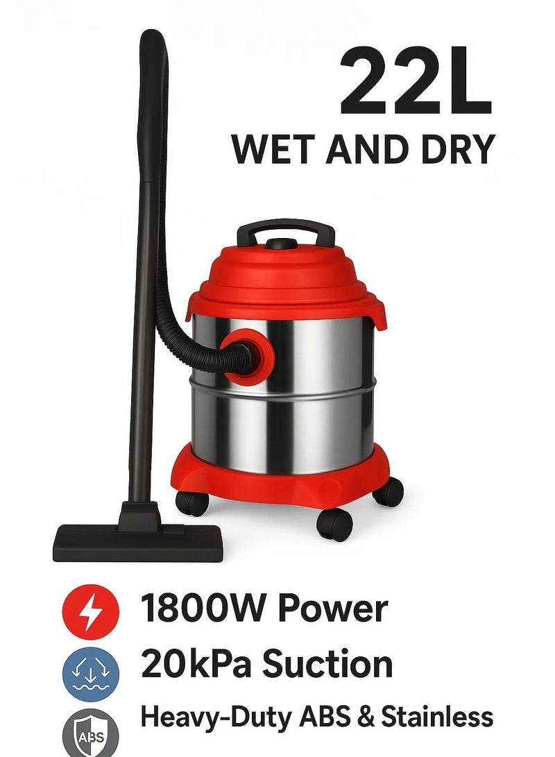 Denx 22L Wet and Dry Vacuum Cleaner – 1800W Power, 20kPa Suction, Heavy-Duty ABS & Stainless Steel Body - Image 1