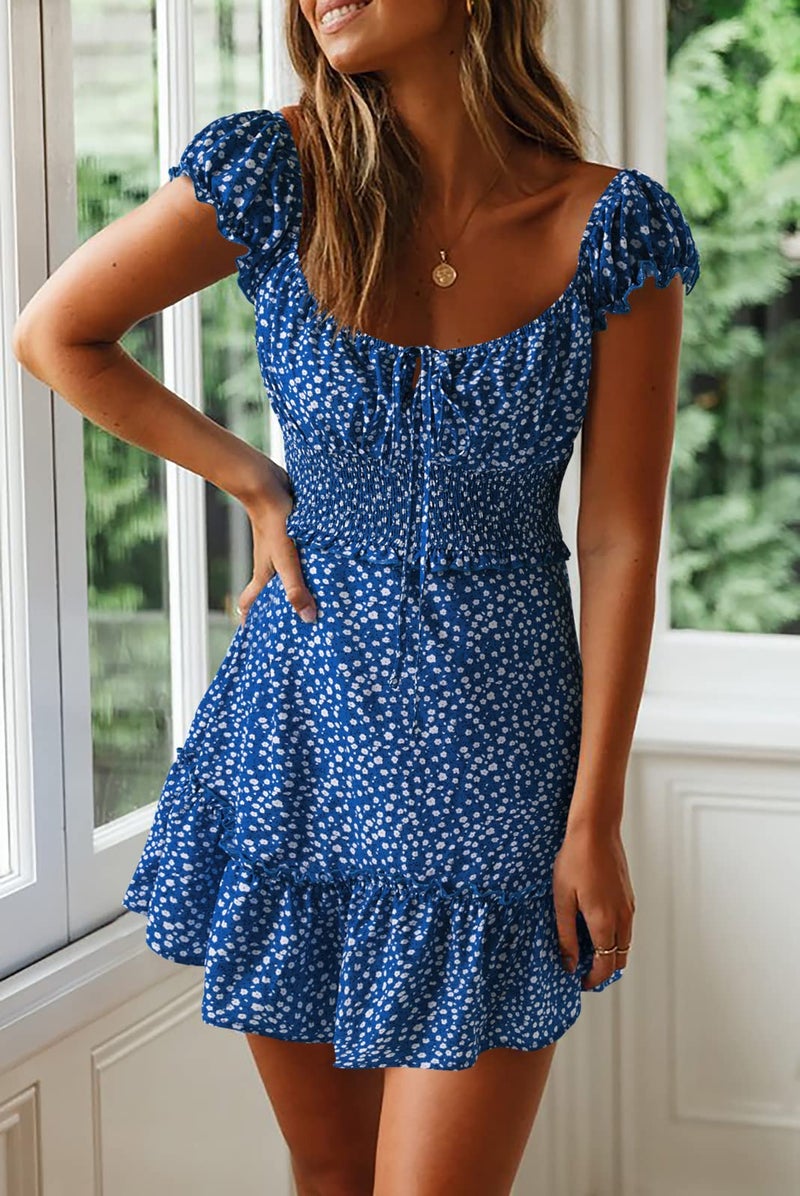 YOBECHO Womens Summer Sexy Sweetheart Collar Printed Ruffle Mini Dress Blue - Image 2