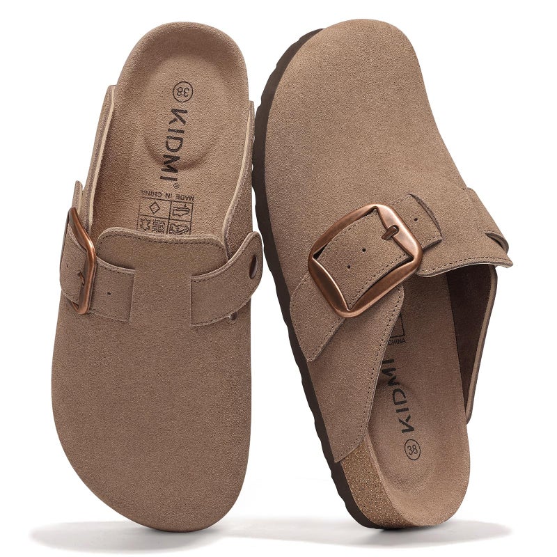 KIDMI Genuine Suede Clogs for Women Memory Foam Cork Footbed Potato Shoes Slip On Leather Mules with Big Buckle, Mocha Size 7.5 (38) - Image 1