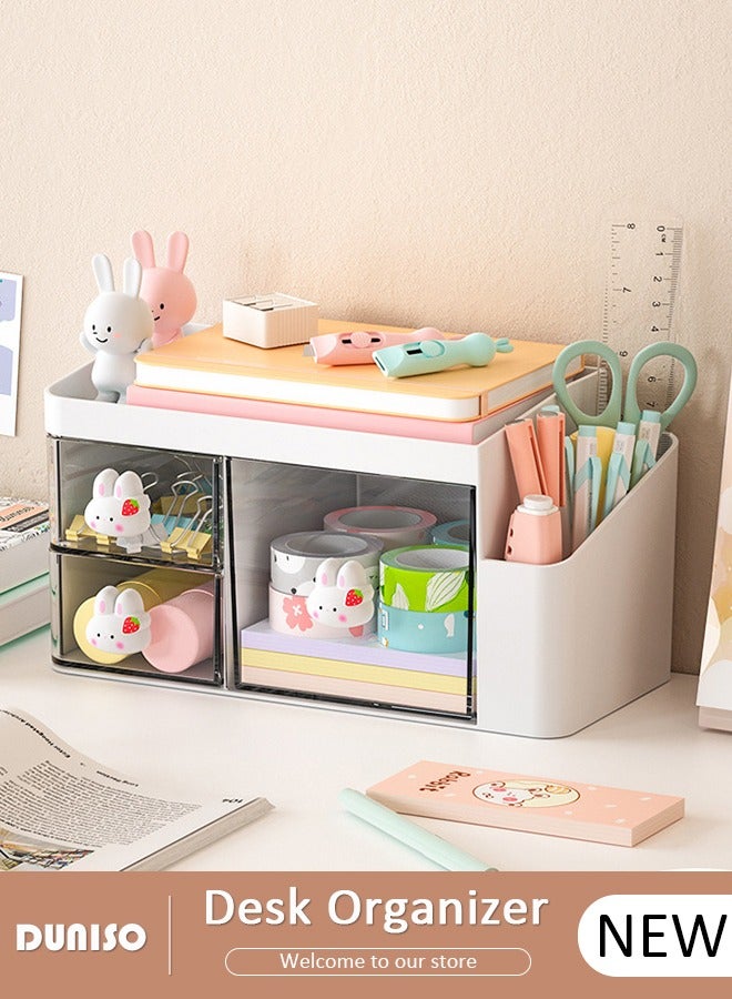 DUNISO منظم مكتب مع 3 أدراج من البلاستيك منظم مكياج تخزين مستحضرات التجميل، حامل أقلام حامل فرشاة لتخزين المكتب، تنظيم مكتبي متعدد الوظائف مع مقبض أرنب للمدرسة، المنزل، لوازم المكتب - Image 1