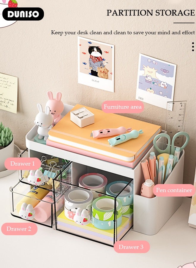 DUNISO منظم مكتب مع 3 أدراج من البلاستيك منظم مكياج تخزين مستحضرات التجميل، حامل أقلام حامل فرشاة لتخزين المكتب، تنظيم مكتبي متعدد الوظائف مع مقبض أرنب للمدرسة، المنزل، لوازم المكتب - Image 2