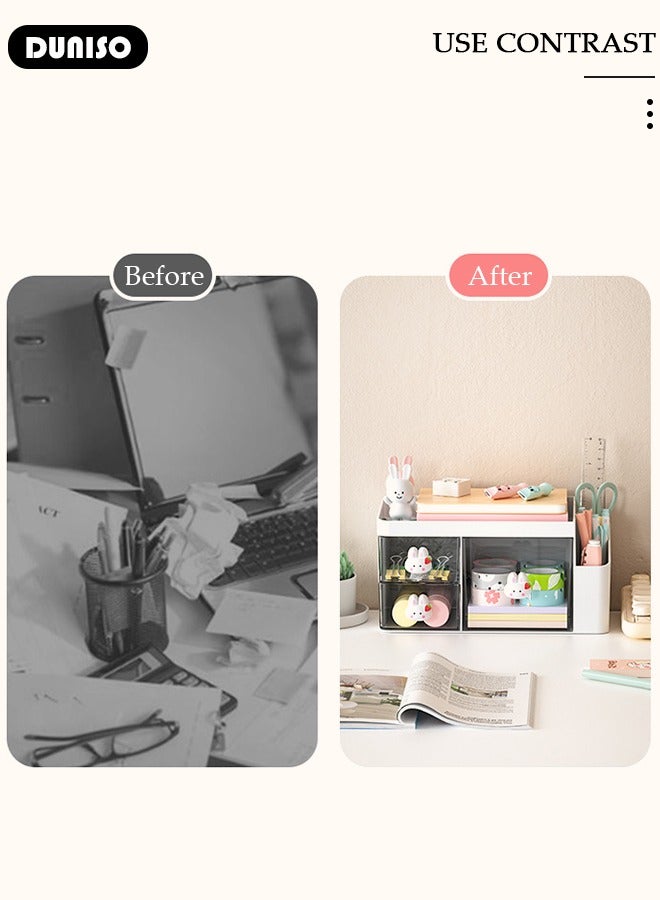 DUNISO منظم مكتب مع 3 أدراج من البلاستيك منظم مكياج تخزين مستحضرات التجميل، حامل أقلام حامل فرشاة لتخزين المكتب، تنظيم مكتبي متعدد الوظائف مع مقبض أرنب للمدرسة، المنزل، لوازم المكتب - Image 3