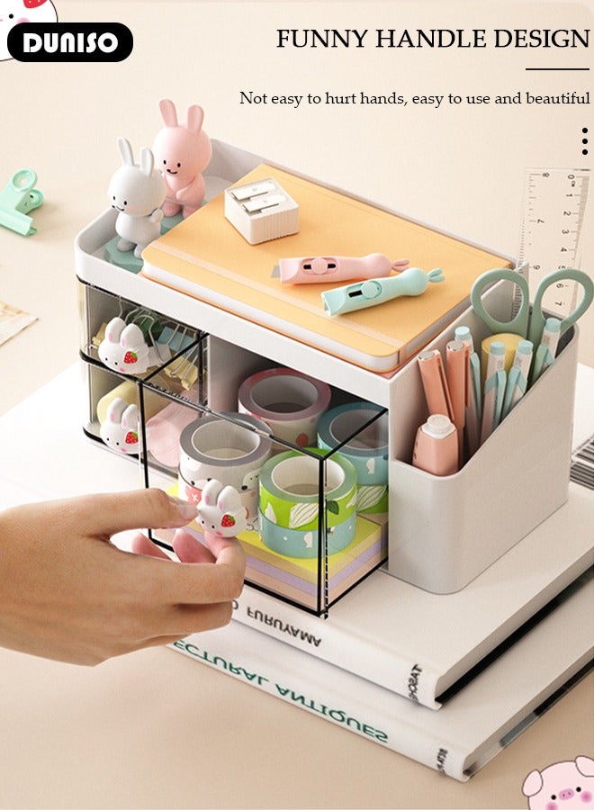 DUNISO منظم مكتب مع 3 أدراج من البلاستيك منظم مكياج تخزين مستحضرات التجميل، حامل أقلام حامل فرشاة لتخزين المكتب، تنظيم مكتبي متعدد الوظائف مع مقبض أرنب للمدرسة، المنزل، لوازم المكتب - Image 5