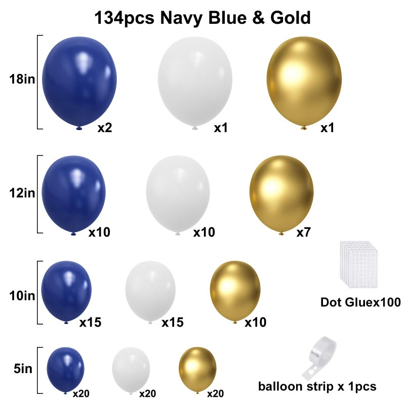 YMSZ Blue and Gold Balloons Arch Garland Kit, 134pcs Navy Blue Gold White Balloons with Different Size for Graduation, Birthday, Anniversary Party Decorations - Image 2