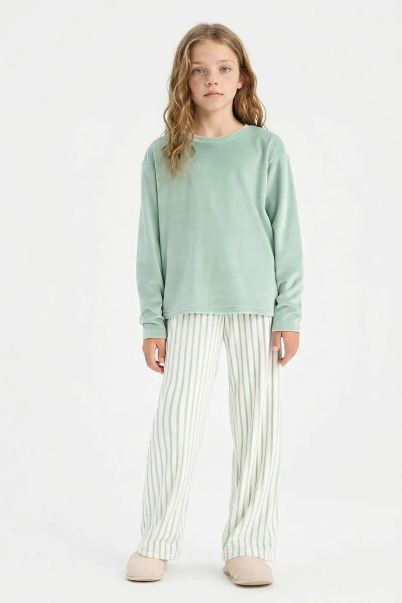 ديفاكتو Girl Fleece Top Striped Bottoms 2 Piece Pyjamas Set