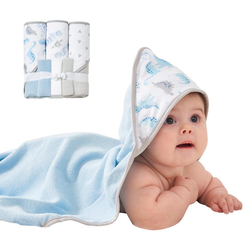 Viviland Baby Towels and Baby Wash Cloths Set Hooded Baby Towels Baby Wipes Absorbent Bath Face Towels Burp Cloths or Face Towels for Girl Boy 6-Pack Size 28 x 28 Inch(Dinosaur) - Image 2