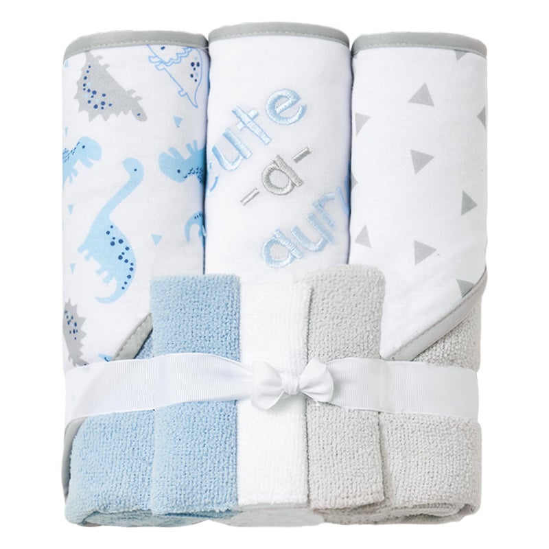 Viviland Baby Towels and Baby Wash Cloths Set Hooded Baby Towels Baby Wipes Absorbent Bath Face Towels Burp Cloths or Face Towels for Girl Boy 6-Pack Size 28 x 28 Inch(Dinosaur) - Image 1