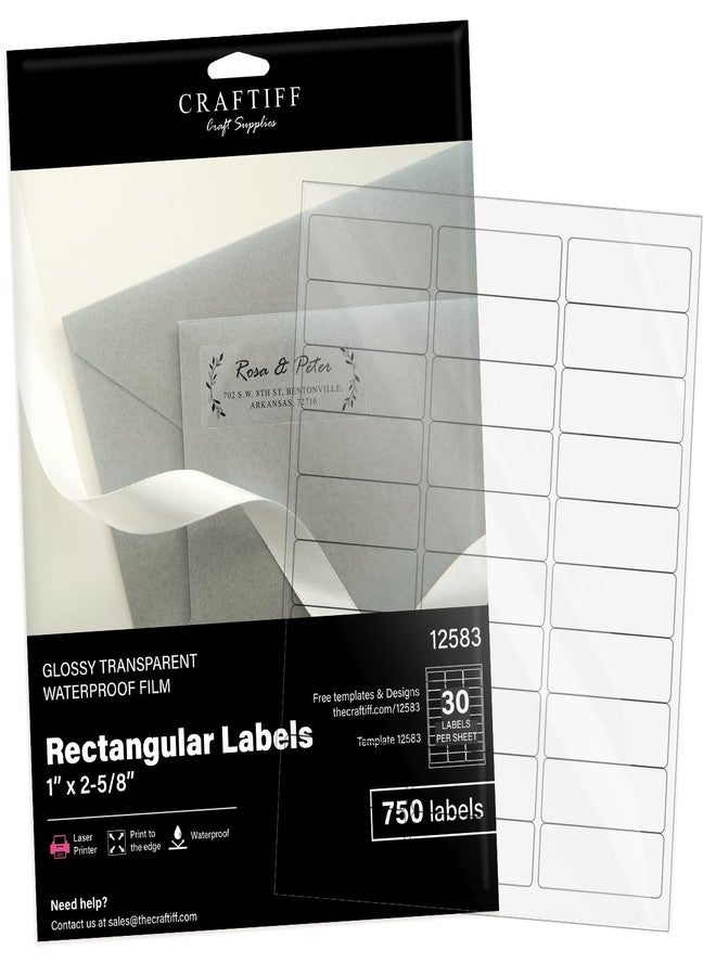 Craftiff Clear Address Labels 1 x 2 5/8 inch Stickers Paper Glossy Transparent for Laser Printers. Pack of 750, Printable Vinyl Blank for Mail and Home Craftiff - Image 1