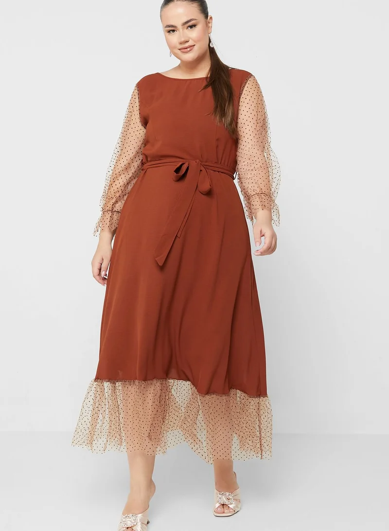 Ella Plus Mesh Detail Belted Fit & Flare Dress