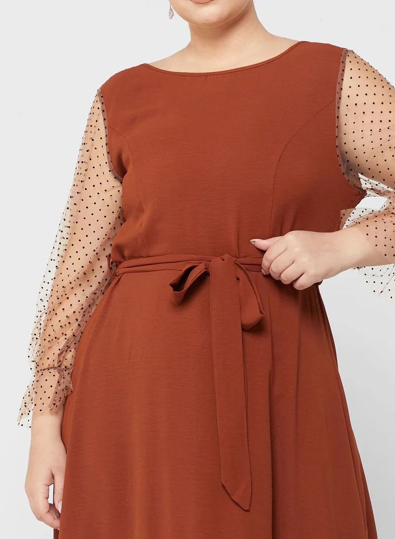 Ella Plus Mesh Detail Belted Fit & Flare Dress
