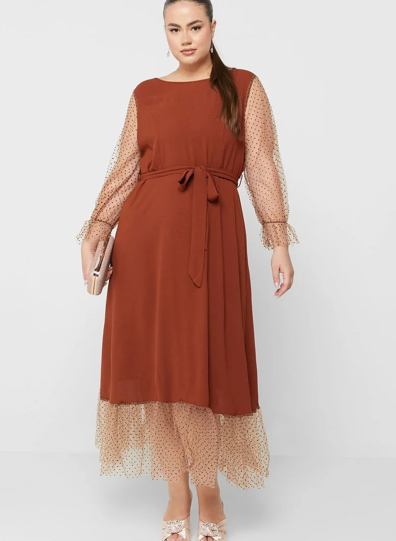 Ella Plus Mesh Detail Belted Fit & Flare Dress