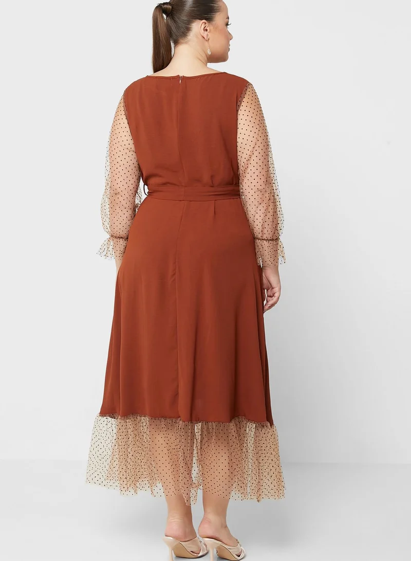 Ella Plus Mesh Detail Belted Fit & Flare Dress