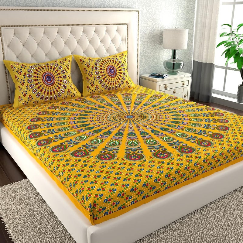 BedZone Cotton Rajasthani Jaipuri Traditional King Size Double Bed Bedsheet with 2 Pillow Covers Queen Double - Image 4