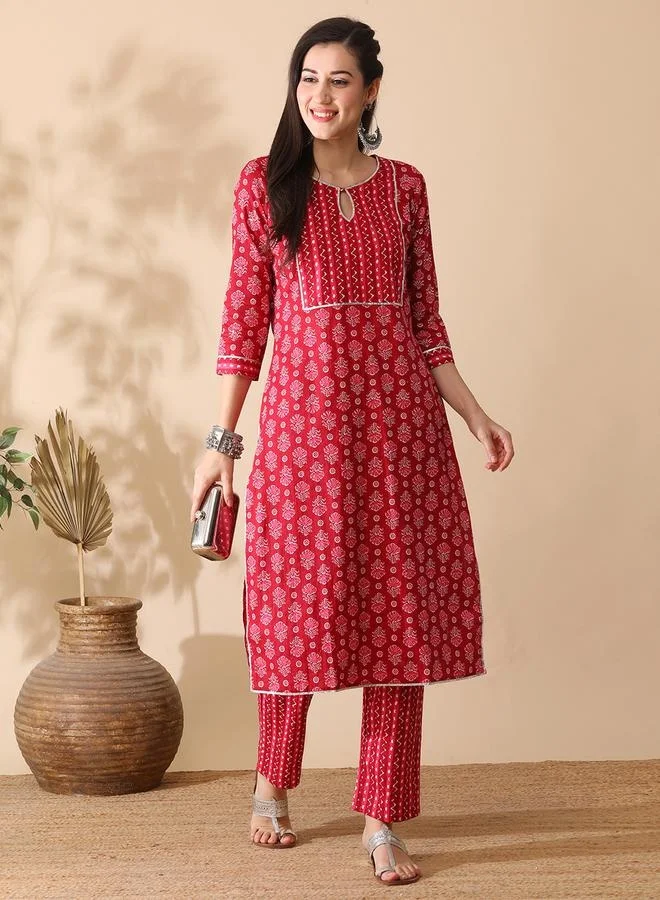 globus Globus All-Over Print Keyhole Neck Kurta and Trouser Set