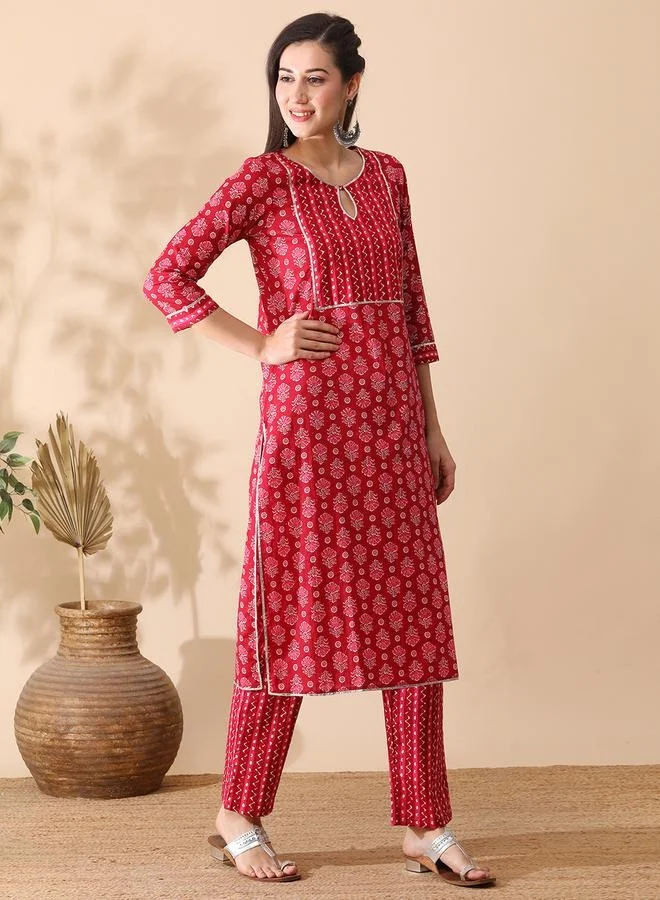 globus Globus All-Over Print Keyhole Neck Kurta and Trouser Set