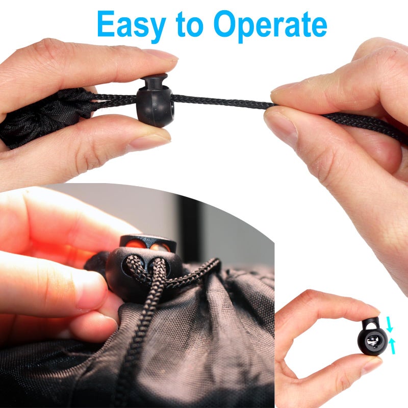 ZUSHALLMY 110pcs Upgraded Plastic Cord Lock,cord locks for drawstrings, draw string clip, spring toggle stopper fastener for Paracord, Clothing, shoelaces and bags(6 Sizes, Black) - Image 4