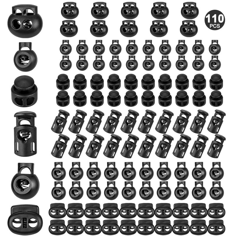 ZUSHALLMY 110pcs Upgraded Plastic Cord Lock,cord locks for drawstrings, draw string clip, spring toggle stopper fastener for Paracord, Clothing, shoelaces and bags(6 Sizes, Black) - Image 1