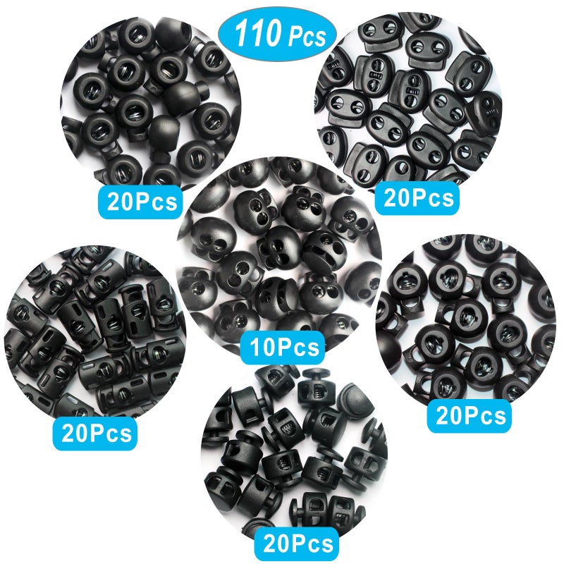 ZUSHALLMY 110pcs Upgraded Plastic Cord Lock,cord locks for drawstrings, draw string clip, spring toggle stopper fastener for Paracord, Clothing, shoelaces and bags(6 Sizes, Black) - Image 2