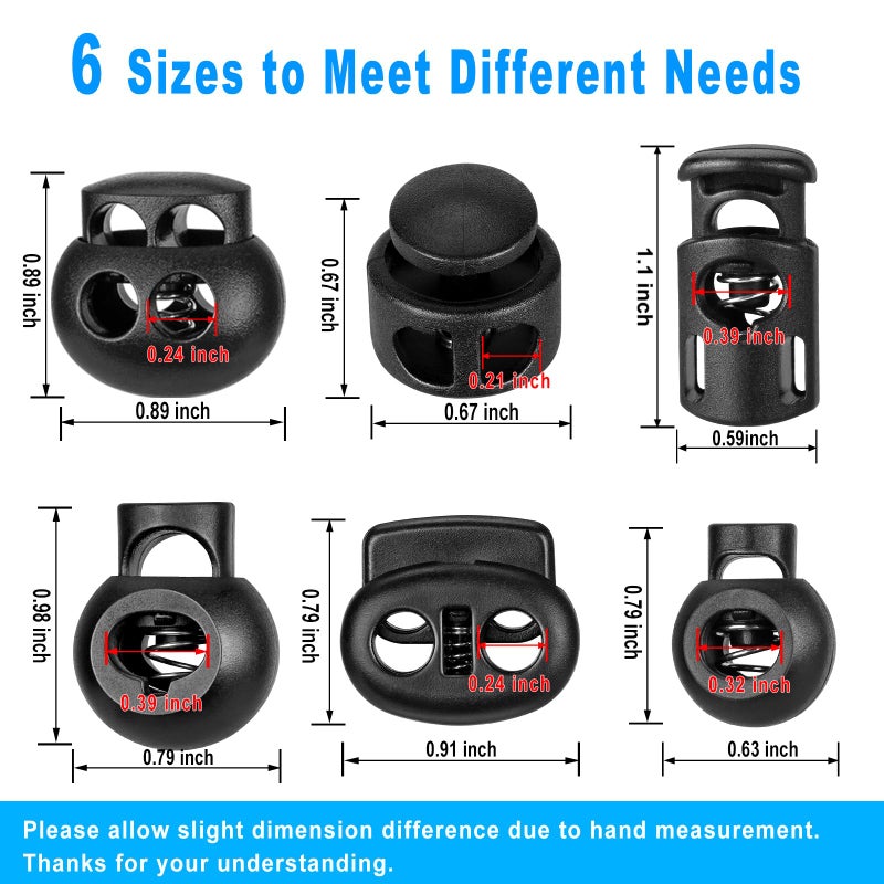 ZUSHALLMY 110pcs Upgraded Plastic Cord Lock,cord locks for drawstrings, draw string clip, spring toggle stopper fastener for Paracord, Clothing, shoelaces and bags(6 Sizes, Black) - Image 3