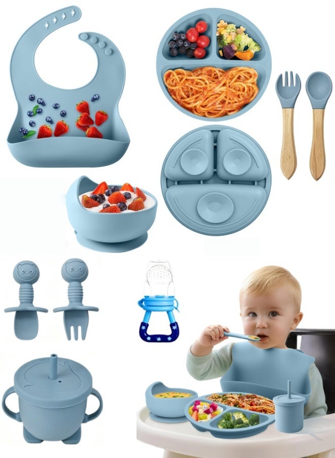 BESTPEAK 9Pcs Food Grade Silicone Baby Led Weaning Set, Strong Suction Bowl & Divided Plate, Adjustable Deep Pocket Waterproof Bib, Soft Ergonomic Spoon Fork, Leak-Proof Double Handle Sippy Cup with Lid & Pacifier, Toddler Self Feeding Tableware Kit for 6–36 Months Boys Girls, Ideal Newborn Baby Shower Gift (Blue) - Image 1