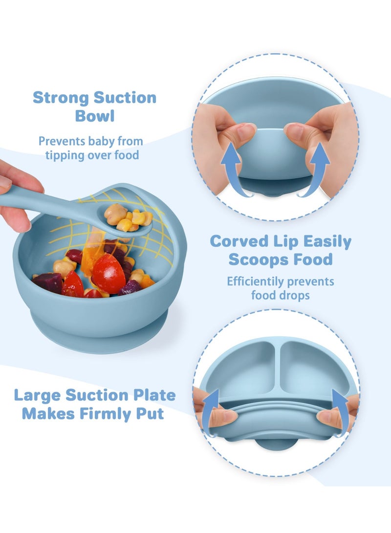 BESTPEAK 9Pcs Food Grade Silicone Baby Led Weaning Set, Strong Suction Bowl & Divided Plate, Adjustable Deep Pocket Waterproof Bib, Soft Ergonomic Spoon Fork, Leak-Proof Double Handle Sippy Cup with Lid & Pacifier, Toddler Self Feeding Tableware Kit for 6–36 Months Boys Girls, Ideal Newborn Baby Shower Gift (Blue) - Image 2