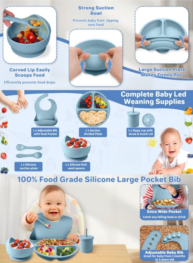 BESTPEAK 9Pcs Food Grade Silicone Baby Led Weaning Set, Strong Suction Bowl & Divided Plate, Adjustable Deep Pocket Waterproof Bib, Soft Ergonomic Spoon Fork, Leak-Proof Double Handle Sippy Cup with Lid & Pacifier, Toddler Self Feeding Tableware Kit for 6–36 Months Boys Girls, Ideal Newborn Baby Shower Gift (Blue) - Image 4