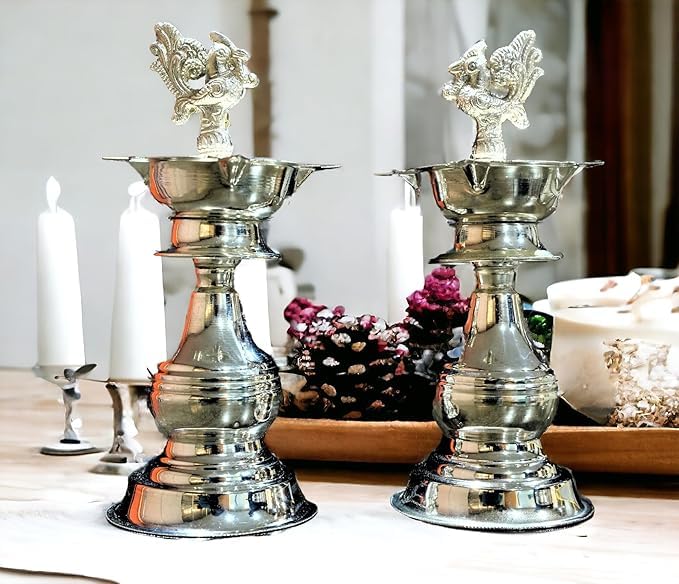 Sigaram 8 X 35 Inch Diya Made by Pure German Silver for Home Pooja Decor K3135 - Image 1