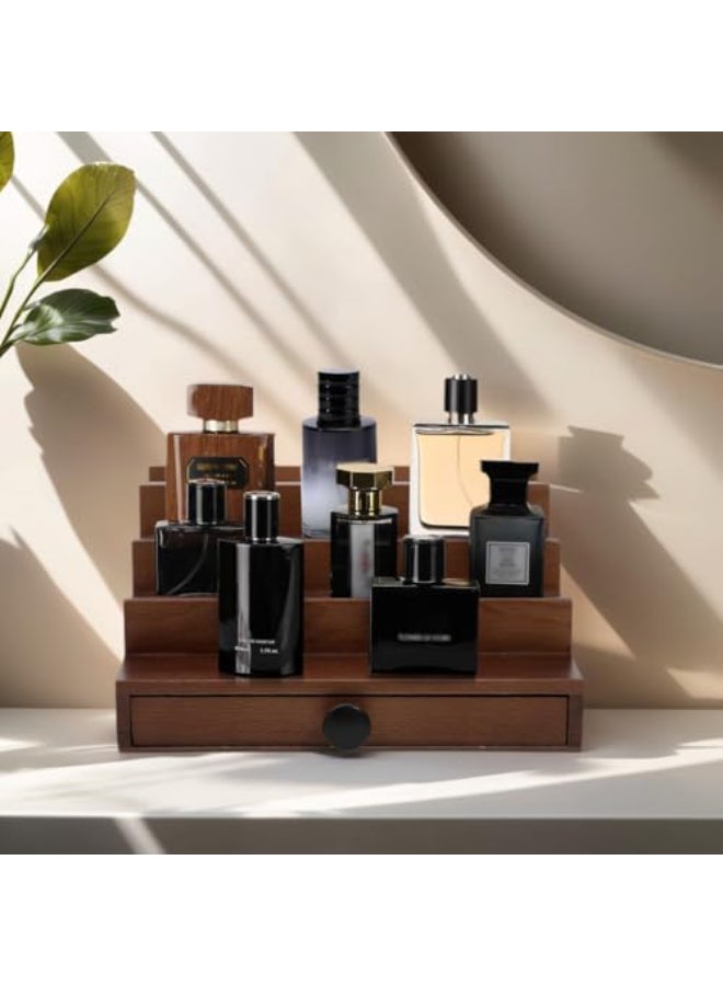 Fengligoo Walnut Cologne Organizer for Men 4 Tier Wooden Cologne Perfume Display Stand with Drawer and Hidden Compartment Mens Cologne Holder Shelf for Organizing and Storing - Image 3