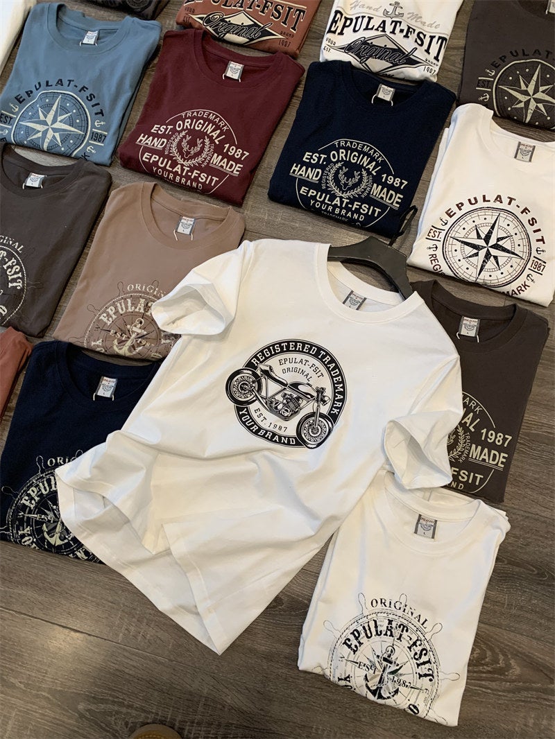 Hong Kong Cargo Company List! Washed And Sanding Cotton Summer Men'S All-Match Printed Short-Sleeved T-Shirt Base Shirt Trendy Brand Z - Image 2