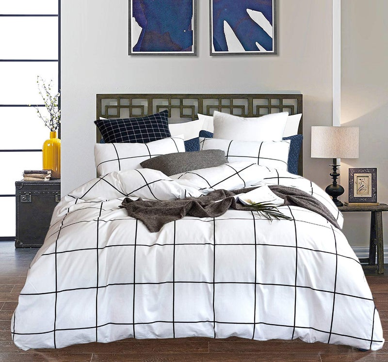 CLOTHKNOW Plaid Twin Comforter Set 3Pcs White Grid Bedding Comforter Sets White and Black Comforter with 2 x Pillowcases