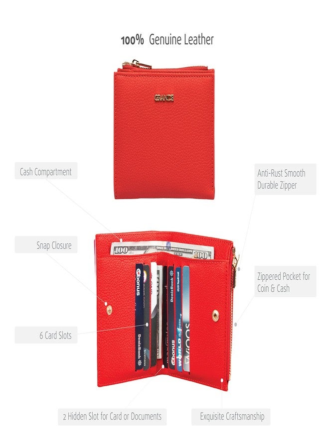 grande 2805 Genuine Leather Small Bifold Wallet For Women Minimalist Wallet Ladies Zippered Mini Purse Small Card Holder (Red) - Image 3
