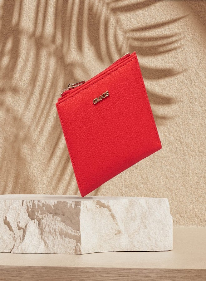 grande 2805 Genuine Leather Small Bifold Wallet For Women Minimalist Wallet Ladies Zippered Mini Purse Small Card Holder (Red) - Image 2