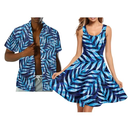 JOAIFO Blue Palm Leaf Print Matching Couple Outfits Formal Mens Summer Shirts Maxi Sundresses Soft Matching Couple Clothing Stylish Tank Dress Hawaii Shirts for Party - Image 1