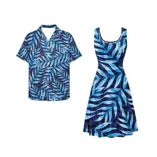 JOAIFO Blue Palm Leaf Print Matching Couple Outfits Formal Mens Summer Shirts Maxi Sundresses Soft Matching Couple Clothing Stylish Tank Dress Hawaii Shirts for Party - Image 2