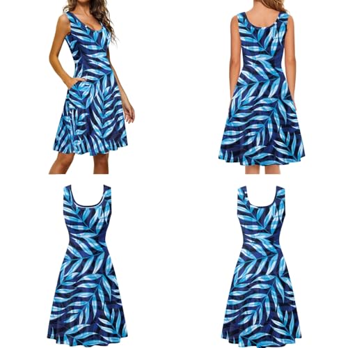 JOAIFO Blue Palm Leaf Print Matching Couple Outfits Formal Mens Summer Shirts Maxi Sundresses Soft Matching Couple Clothing Stylish Tank Dress Hawaii Shirts for Party - Image 4