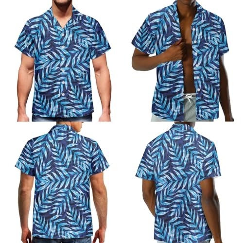JOAIFO Blue Palm Leaf Print Matching Couple Outfits Formal Mens Summer Shirts Maxi Sundresses Soft Matching Couple Clothing Stylish Tank Dress Hawaii Shirts for Party - Image 3