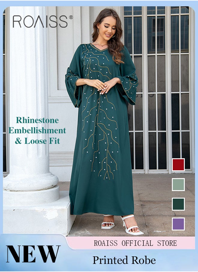 roaiss - V Neck Abaya Muslim Dress Arabic Robe for Women with Rhinestones Decor Elegent Ladiesflare Sleeve Long Skirt Ideal for Party Wedding and Formal Occasion - Image 1
