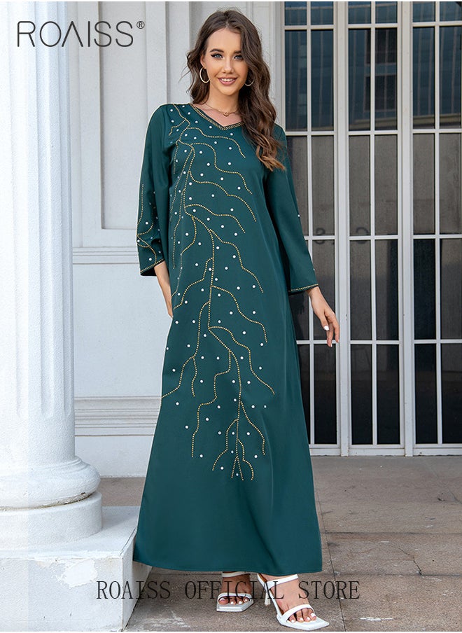 roaiss - V Neck Abaya Muslim Dress Arabic Robe for Women with Rhinestones Decor Elegent Ladiesflare Sleeve Long Skirt Ideal for Party Wedding and Formal Occasion - Image 1