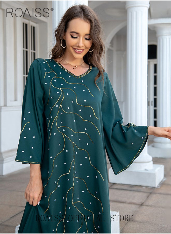roaiss - V Neck Abaya Muslim Dress Arabic Robe for Women with Rhinestones Decor Elegent Ladiesflare Sleeve Long Skirt Ideal for Party Wedding and Formal Occasion - Image 1