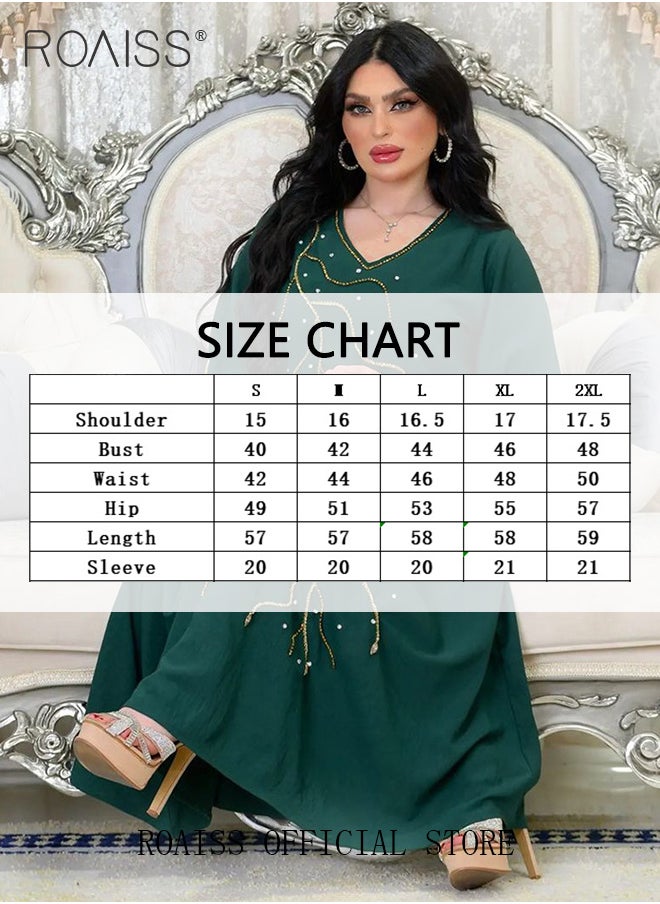 roaiss - V Neck Abaya Muslim Dress Arabic Robe for Women with Rhinestones Decor Elegent Ladiesflare Sleeve Long Skirt Ideal for Party Wedding and Formal Occasion - Image 1