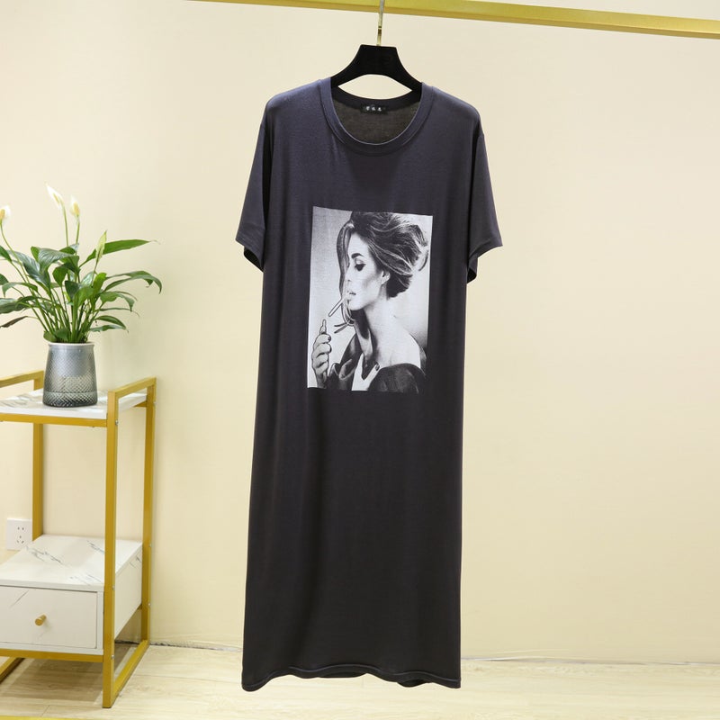 Modal printed loose short sleeve dress womens summer new round neck casual one-step dress pullover dress Dark gray 