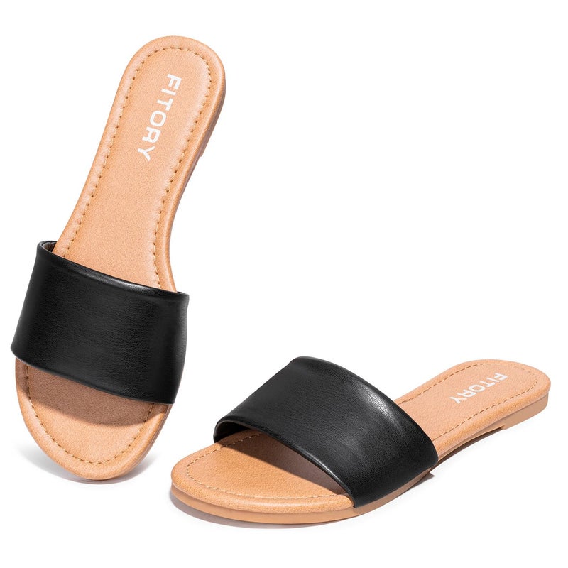 FITORY Women's Slide Sandals Fashion Round Toe With Classic Single Strap Slippers for Summer Size 8 Black - Image 1