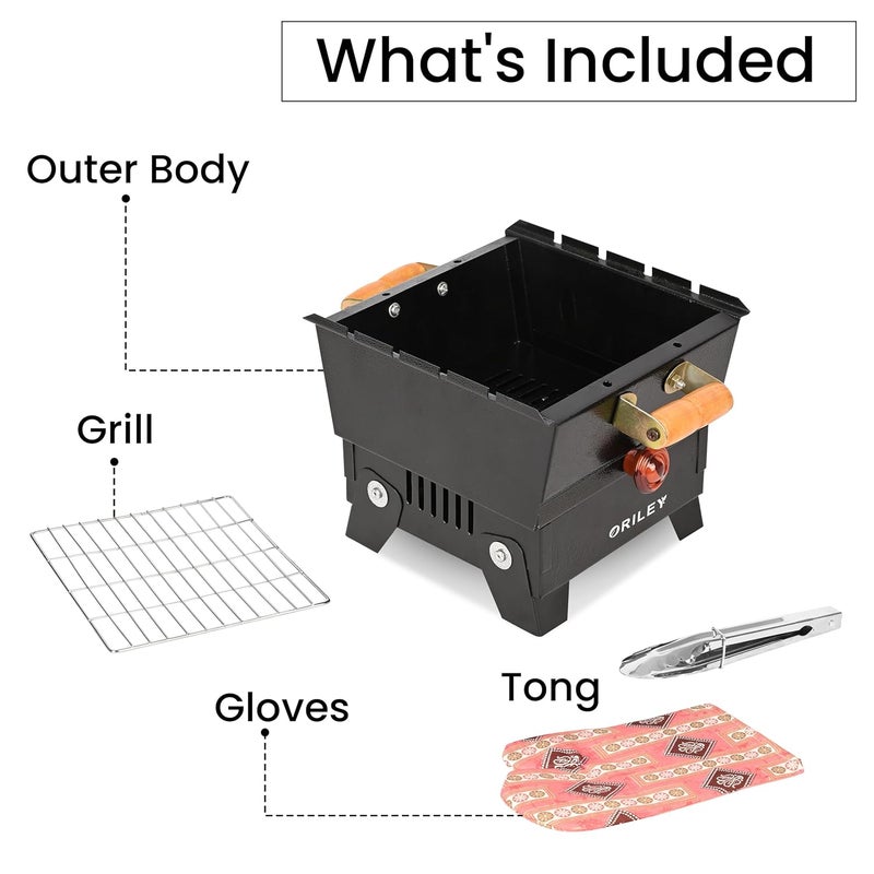 ORILEY شواية فحم محمولة | 4 مجموعة | 4 أعواد | 1 قفاز | 1 ملقط | أدوات شواء قابلة للطي للمنزل والتخييم والنزهات والسفر والطهي (عبوة من 1، أسود) - Image 3