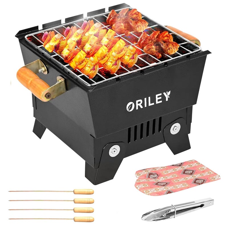 ORILEY شواية فحم محمولة | 4 مجموعة | 4 أعواد | 1 قفاز | 1 ملقط | أدوات شواء قابلة للطي للمنزل والتخييم والنزهات والسفر والطهي (عبوة من 1، أسود) - Image 1