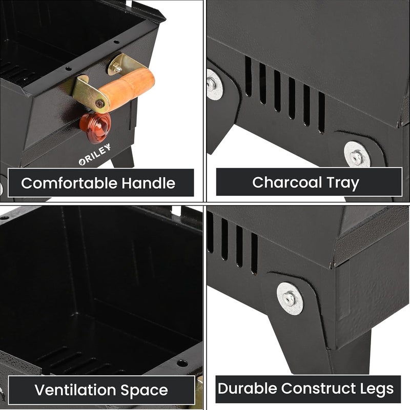 ORILEY شواية فحم محمولة | 4 مجموعة | 4 أعواد | 1 قفاز | 1 ملقط | أدوات شواء قابلة للطي للمنزل والتخييم والنزهات والسفر والطهي (عبوة من 1، أسود) - Image 4