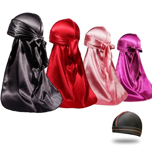 ForceWave 4PCS Silky Durags for Men Women 360 Waves with 1 Wave Cap, Silky Satin Durag Extra Long Tails - Image 1