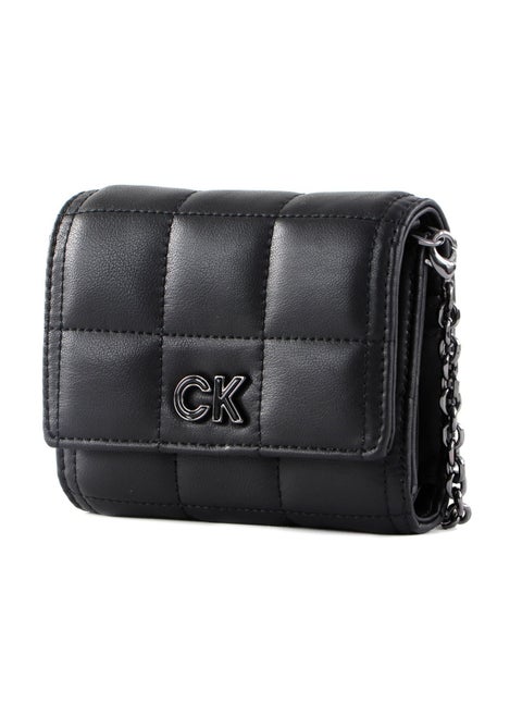 Calvin Klein Quilted Trifold Wallet with Convertible Crossbody Chain Strap - Black